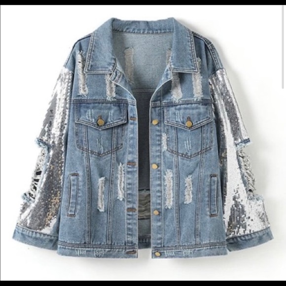 Distressed denim with sequined sleeves jacket - Picture 2 of 15
